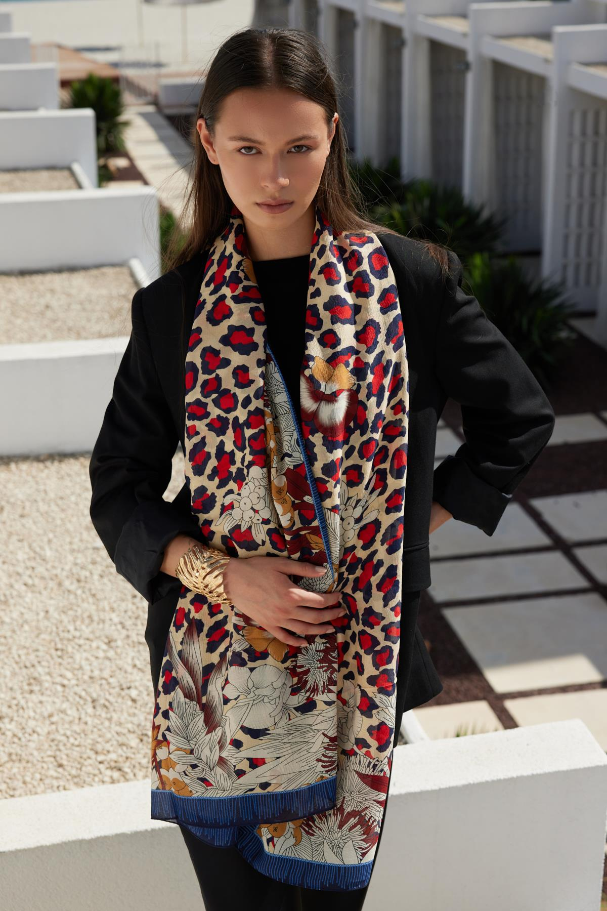 FENZA lacivert kırmızı leopar şal